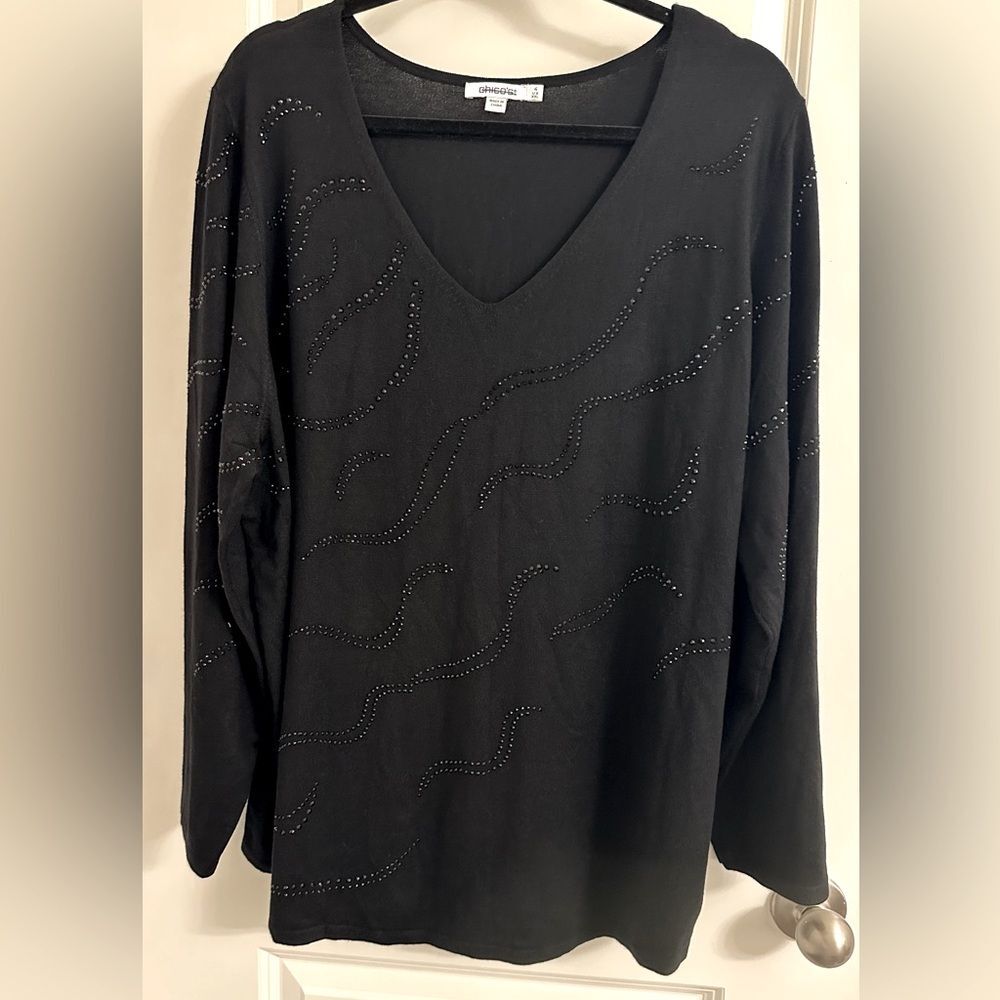 Chico’s Embellished V-Neck Pullover Sweater SZ 4 US XXL Long Sleeve Color Black